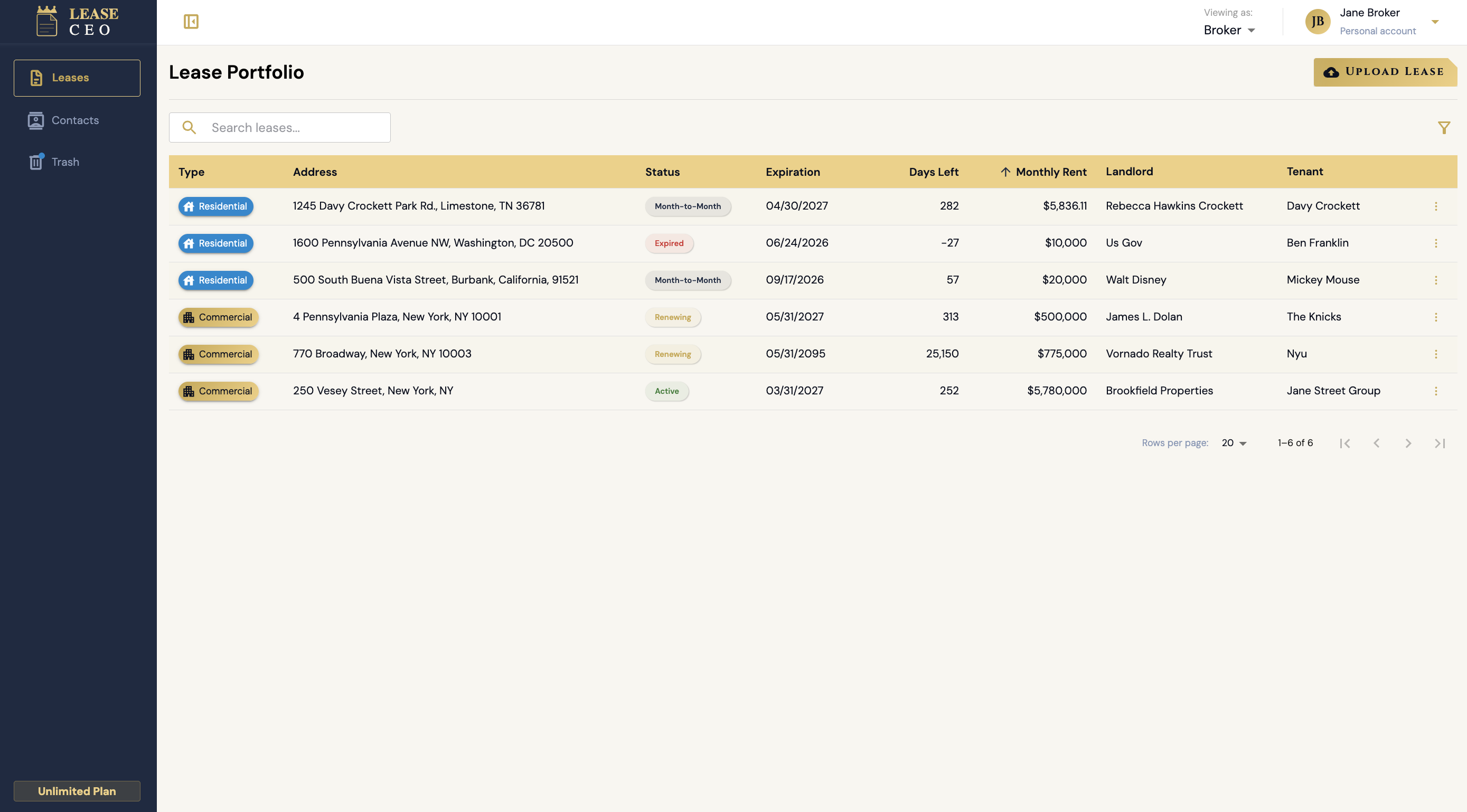 LeaseCEO Lease Portfolio dashboard showing lease types, statuses, expirations, rent, landlords, and tenants